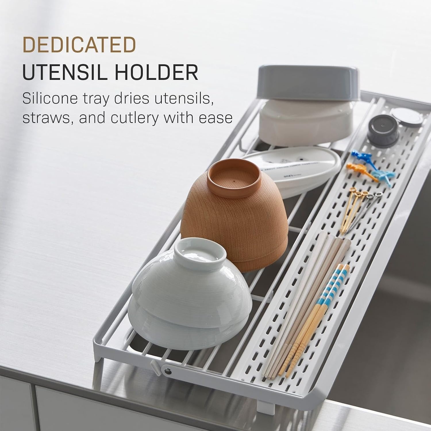 image:imageYAMAZAKI Home Tower Collapsible OverTheSink Dish Drying Rack Slim SpaceSaving Dish Rack with Movable Bars and Removable Silicone Tray for Plates Cutting Boards and Cutlery Steel White