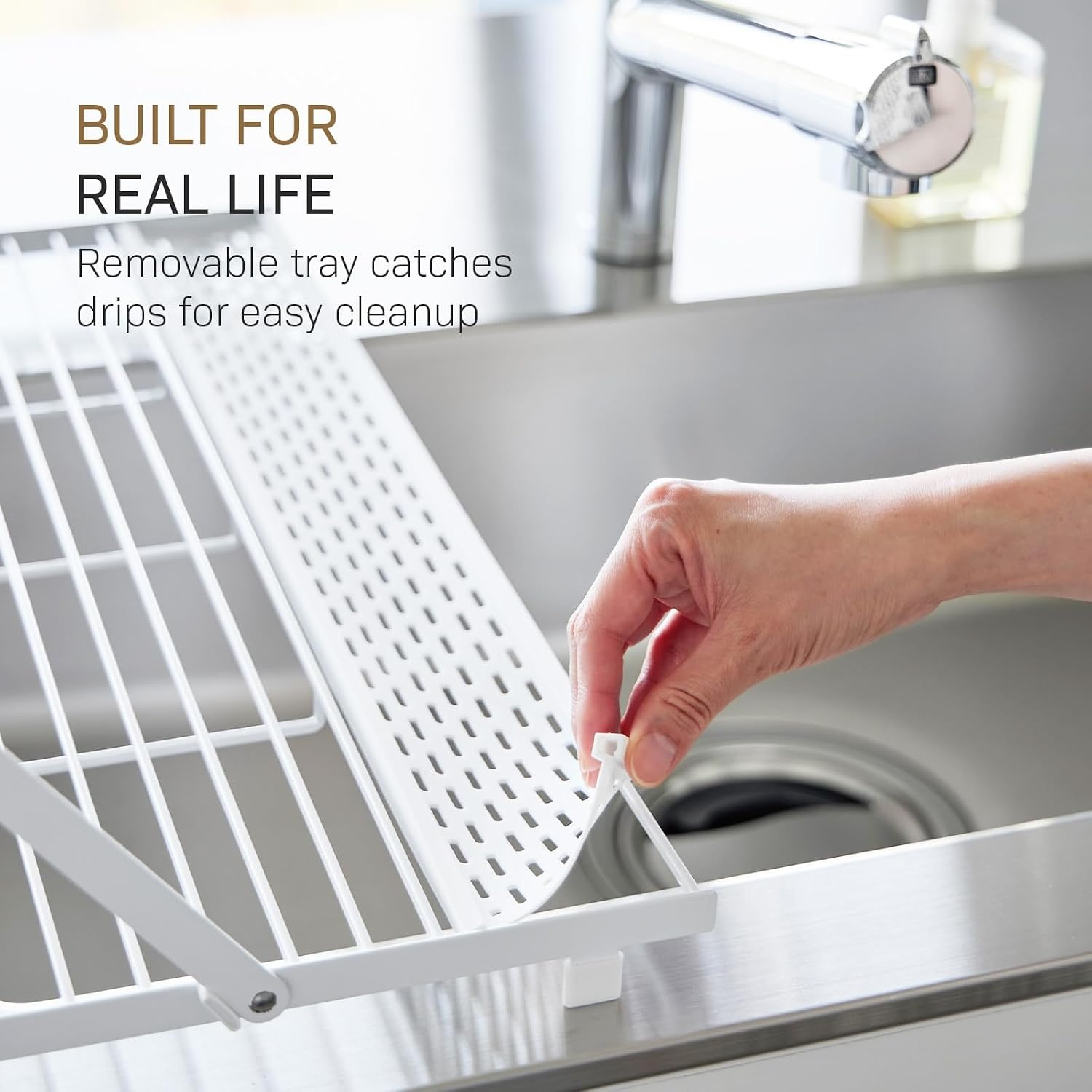 image:imageYAMAZAKI Home Tower Collapsible OverTheSink Dish Drying Rack Slim SpaceSaving Dish Rack with Movable Bars and Removable Silicone Tray for Plates Cutting Boards and Cutlery Steel White