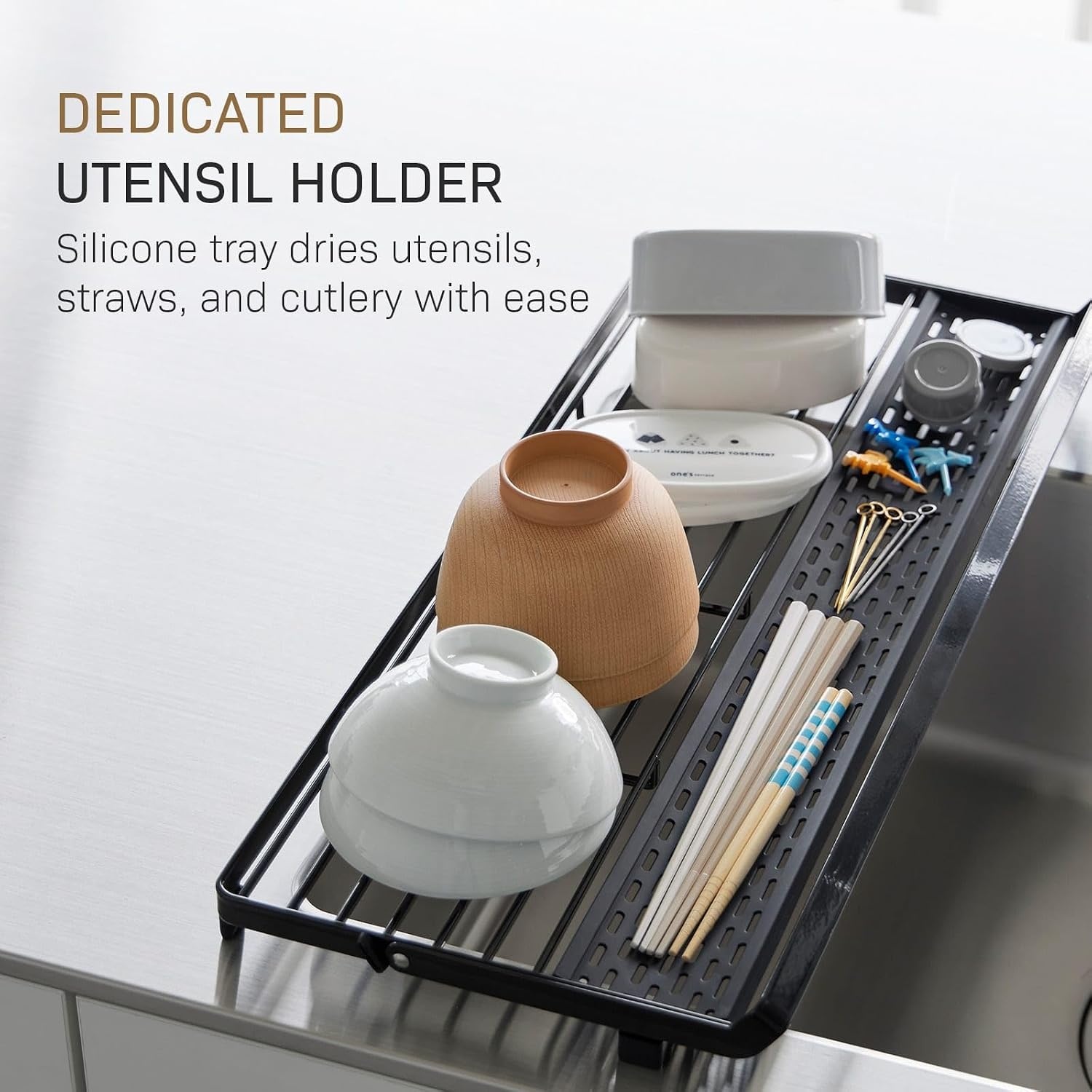image:imageYAMAZAKI Home Tower Collapsible OverTheSink Dish Drying Rack Slim SpaceSaving Dish Rack with Movable Bars and Removable Silicone Tray for Plates Cutting Boards and Cutlery Steel Black