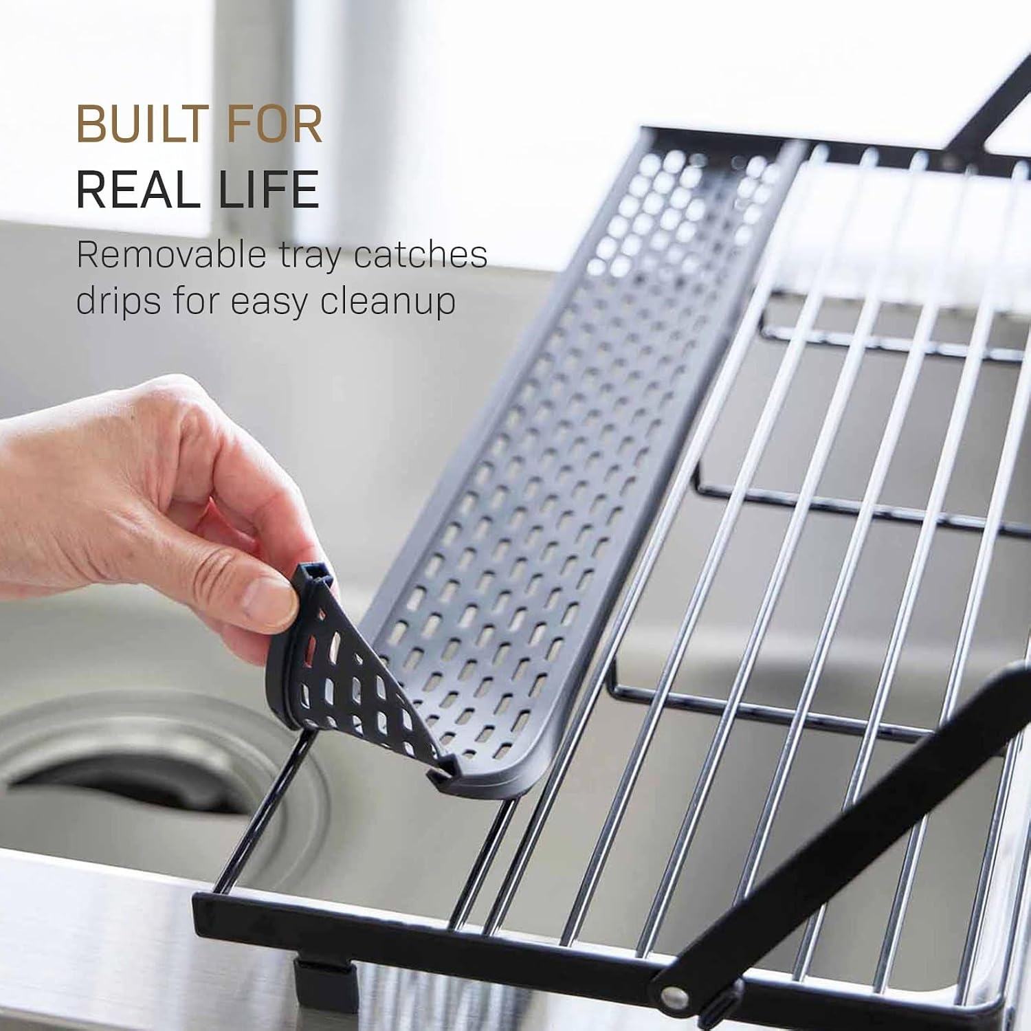 image:imageYAMAZAKI Home Tower Collapsible OverTheSink Dish Drying Rack Slim SpaceSaving Dish Rack with Movable Bars and Removable Silicone Tray for Plates Cutting Boards and Cutlery Steel Black