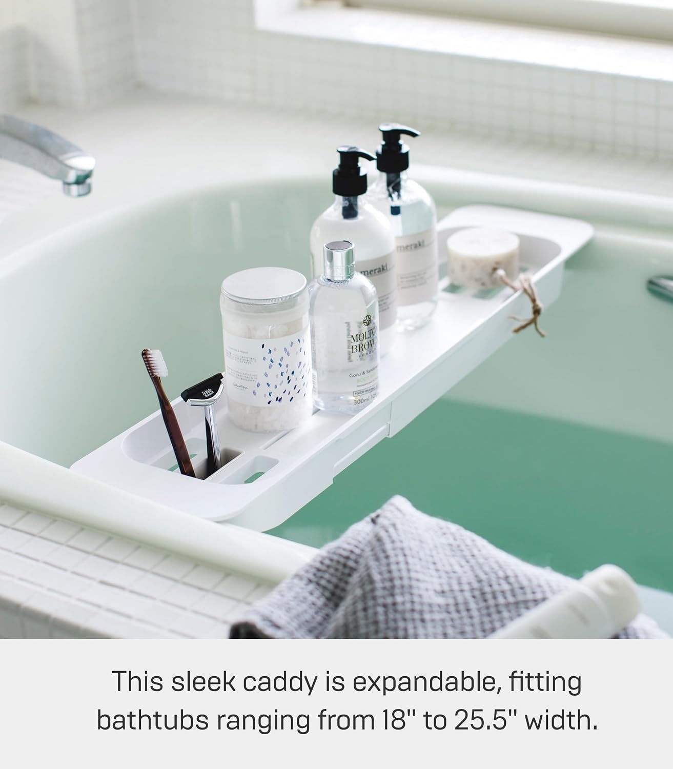 image:imageYamazaki Home Tower Expandable Bathtub Caddy Bathroom Tray Table Holder 2 Abs Plastic White