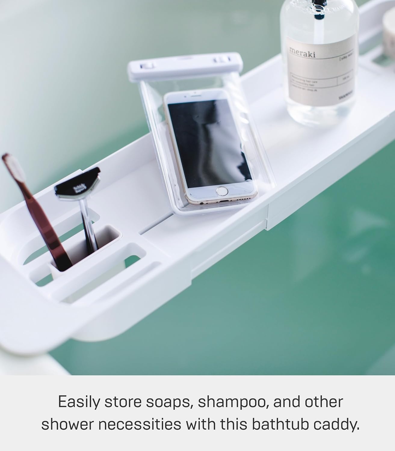 image:imageYamazaki Home Tower Expandable Bathtub Caddy Bathroom Tray Table Holder 2 Abs Plastic White