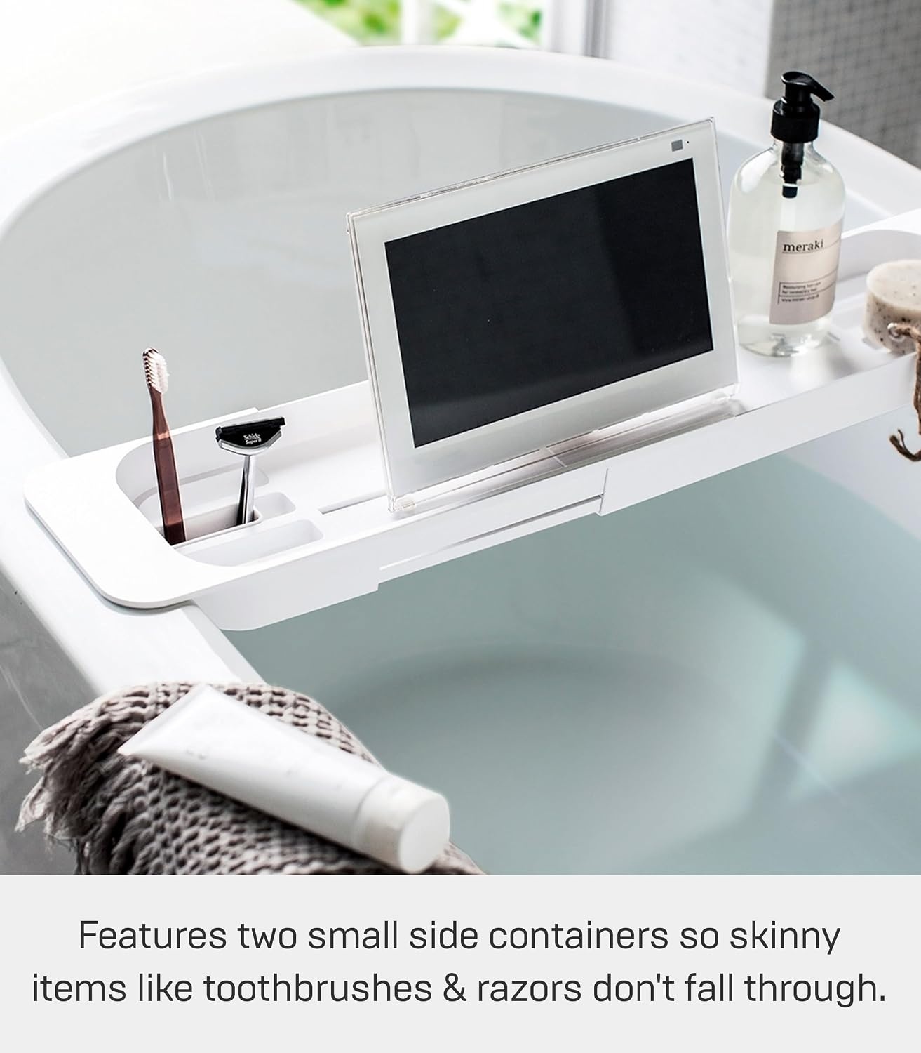 image:imageYamazaki Home Tower Expandable Bathtub Caddy Bathroom Tray Table Holder 2 Abs Plastic White