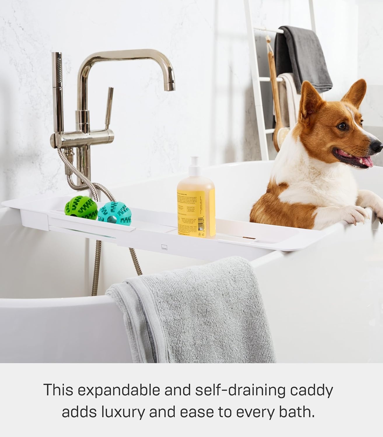 image:imageYamazaki Home Tower Expandable Bathtub Caddy Bathroom Tray Table Holder 2 Abs Plastic White