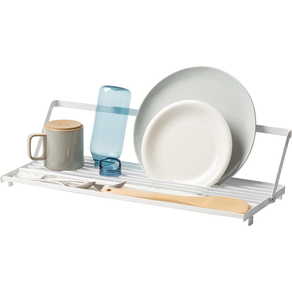 image:imageYAMAZAKI Home Tower Collapsible OverTheSink Dish Drying Rack Slim SpaceSaving Dish Rack with Movable Bars and Removable Silicone Tray for Plates Cutting Boards and Cutlery  Steel White