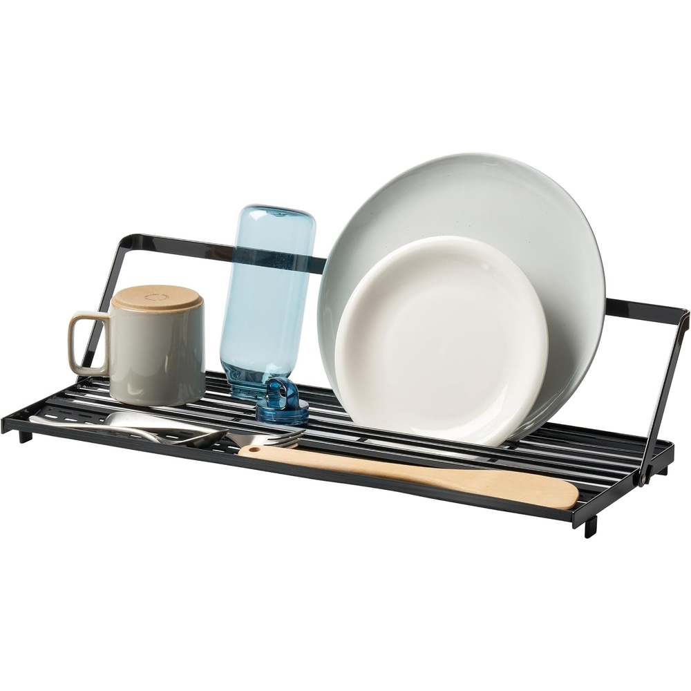 image:imageYAMAZAKI Home Tower Collapsible OverTheSink Dish Drying Rack Slim SpaceSaving Dish Rack with Movable Bars and Removable Silicone Tray for Plates Cutting Boards and Cutlery Steel Black