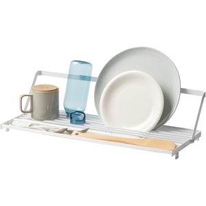 YAMAZAKI Home Tower Collapsible Over-The-Sink Dish Drying Rack, Slim Space-Saving Dish Rack with Movable Bars and Removable Silicone Tray for Plates, Cutting Boards and Cutlery – Steel -(White)