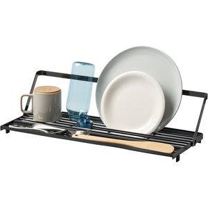 YAMAZAKI Home Tower Collapsible Over-The-Sink Dish Drying Rack, Slim Space-Saving Dish Rack with Movable Bars and Removable Silicone Tray for Plates, Cutting Boards and Cutlery – Steel -(Black)