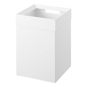 YAMAZAKI Home Trash Can – Short, 14L Small Steel Trash Can with Rim Cover and Handle, Square Metal Wastebasket for Bathroom, Bedroom, Office(White)